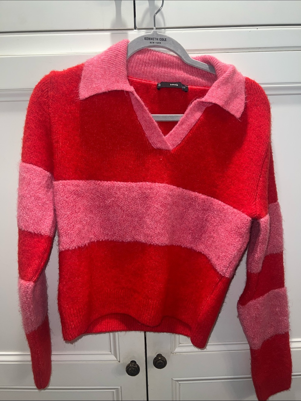 Mango Red and Pink Striped V-Neck Polo Sweater